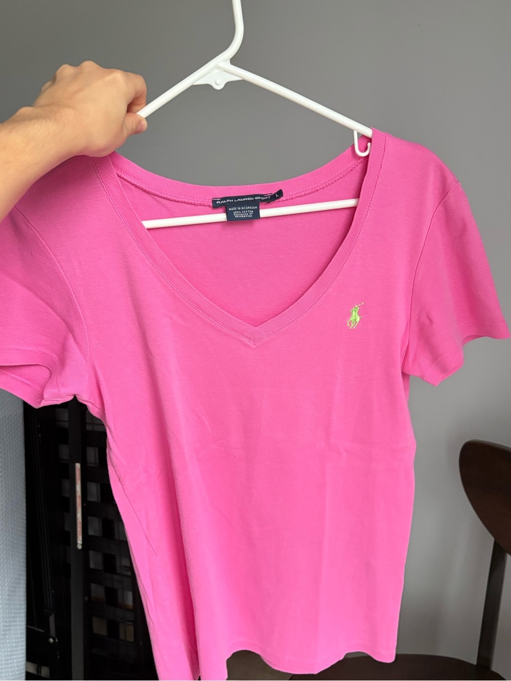 Polo by Ralph Lauren Hot Pink V-Neck Tee with Lime Pony. Size L. 100% cotton